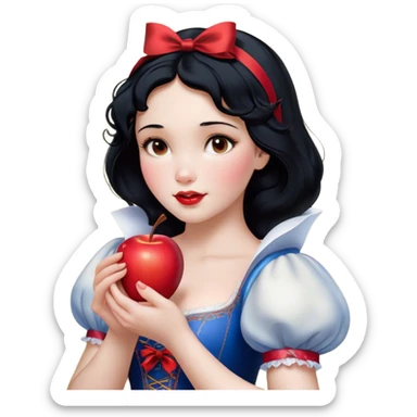 Cinematic Realistic Snow White Portrait, depicted with lifelike skin texture, soft natural lighting, and intricately detailed black hair styled with a red ribbon. Her soft brown eyes radiate innocence and kindness, complemented by a warm, gentle smile. She holds an apple in one hand, her other hand resting against her cheek, embodying her purity and charm. She is dressed in her classic yellow, blue, and red gown, the fabric rich in texture with delicate folds that catch the light beautifully. The portrait features a soft, natural glow with a radiant finish, capturing the essence of timeless beauty in a realistic and painterly style. sticker