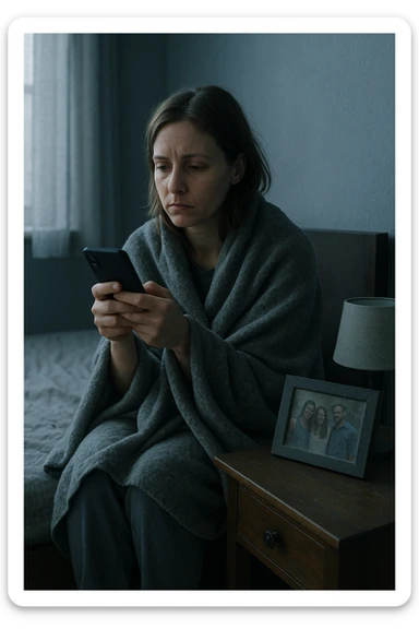 Donna tra i 30 e i 35 anni seduta da sola in una stanza, avvolta in una coperta, guarda il telefono ma non risponde ai messaggi. Sul comodino, una foto con amici, leggermente coperta dalla polvere. Sguardo perso nel vuoto. La stanza trasmette solitudine e distacco. Colori freddi, luce naturale tenue sticker