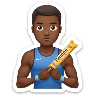 A male athlete holding a protein bar and frowning deeply sticker