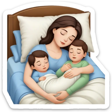 Brunette white beauty sleeping with toddler boy and baby boy in bed  sticker