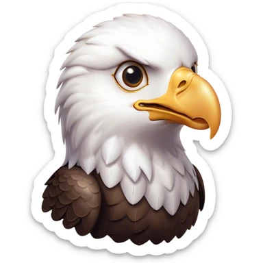Cinematic Cute American Eagle Portrait Emoji, Head tilted playfully and inquisitively, featuring a streamlined form with a subtle blend of dark and white plumage and round, sparkling eyes full of spirited charm, Simplified yet irresistibly adorable features, highly detailed, glowing with a warm, inviting glow, high shine, affectionate and lively, stylized with a touch of whimsical aerial grace, soft glowing outline, capturing the essence of a mischievous yet endearing American eagle that seems as if it could glide out of the screen into your heart! sticker