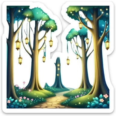 enchanted forest with tall whimsical trees and sparkling lights, fantasy atmosphere sticker