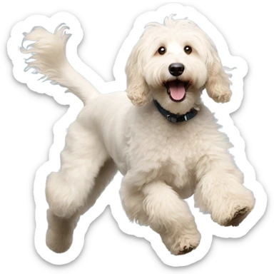Bigger white goldendoodle jumping with long shaggy hair  sticker
