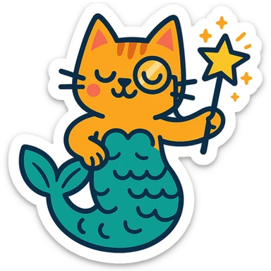 half cat half mermaid with a monocle and a magic wand in vibrant toon style sticker