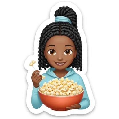 A dark-skinned Black woman with black box braids, holding a large bowl of popcorn in her lap, smiling or laughing, wearing comfy loungewear. sticker