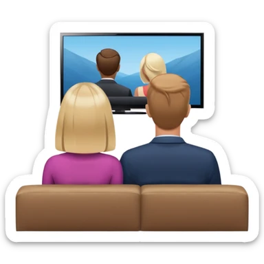 A man and a women photographed from behind, sitting on a sofa and watching the news on TV on a modern flat screen. The setting is a living room. sticker