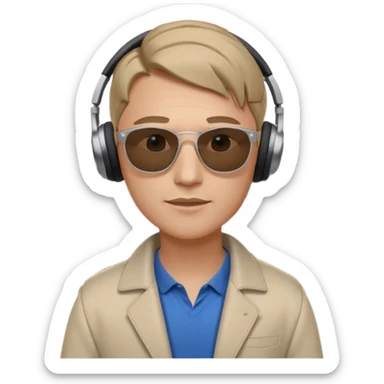 White tesla model 3 with a cool physician with dark blond hair, beats and sunglasses next to it sticker