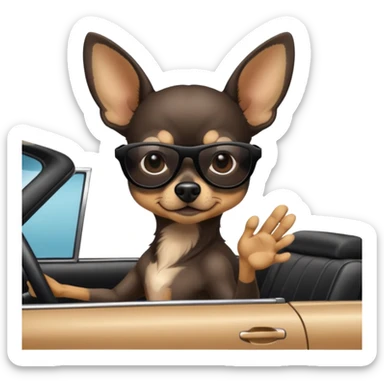 Make a skinny black deer headed chihuahua with a black nose wearing sunglasses driving in a car. sticker