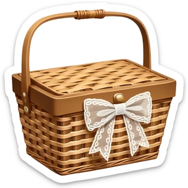 Realistic isolated small outdoors wicker picnic basket with white lace bow sticker