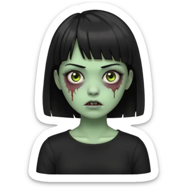 Zombie girl emoji verde com cabelo curto liso preto no ombro e franja na altura da sobrancelha com uma blusa preta sticker