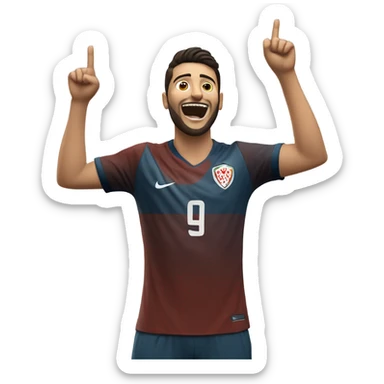Arda Güler celebrating a goal: his right hand firmly placed on his chest while his left hand is raised and pointing towards the sky, capturing a moment of youthful exuberance, gratitude, and joy sticker