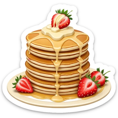 a stack of pancakes with melted white chocolate drizzle and strawberries sticker