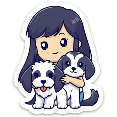 Girl with long black hair and bangs holding a white schnauzer dog sticker