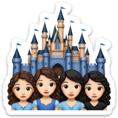 Quiero que crees una imagen donde este el castillo de Disney y por detrás o delante pon a 4 chicas: una con el pelo largo rizado marrón , otra con el pelo muy corto negro, otra con el pelo mediano liso marrón y otra con el pelo negro largo liso sticker