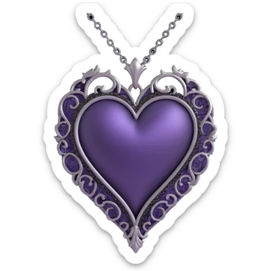 gothic heart, deep purple satin, ornate silver filigree, black lace trim, faint purple glow, with a silver chain wrap sticker