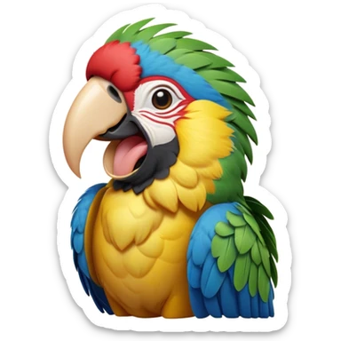 Cinematic Cute Yawning Macaw Portrait Emoji, Head tilted slightly with a dramatic, wide-open yawn, showcasing resplendent feathers and sleepy, half-closed eyes brimming with relaxed elegance, Simplified yet irresistibly adorable features, highly detailed, glowing with a soft, cozy tropical glow, high shine, relaxed yet expressive, stylized with a hint of whimsical charm, soft glowing outline, capturing the essence of a drowsy yet affectionate macaw that appears ready to stretch out for a nap! sticker