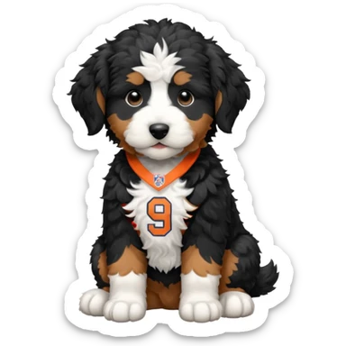 black and white bernedoodle puppy wearing broncos jersey sticker