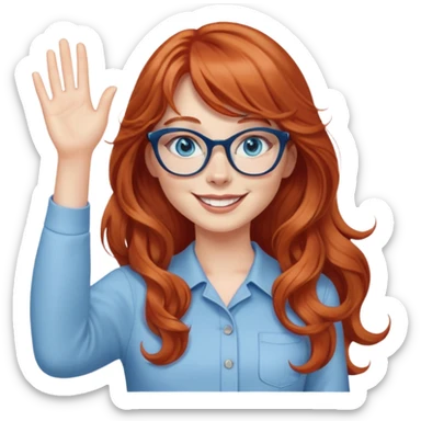 redheaded woman with very long wavy hair and bangs, blue eyes, clear cat-eye glasses, casual chic outfit, smiling, waving sticker