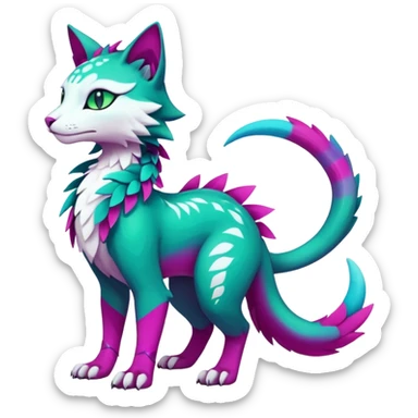 Kawaii cute colorful iridescent deep-dark-turquoise-green and magenta and white beautiful pretty elegant divine edgy feline-vernid-sergal-Fakémon-Pokémon-fursona-animal-creature with accessories, full body, with intricate detailed markings sticker