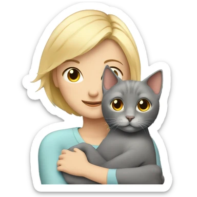 blonde girl with short hair hugs a gray fold-eared cat sticker