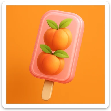 A peach-flavored popsicle with two peaches and green leaves inside, on a stick. The popsicle is light pink with a darker pink outline. The background is plain and orange. Make it look exactly like the reference image, but in the 3D iOS model. Make the popsicle more detailed. sticker