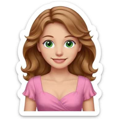 A woman has beige skin, wavy light brown hair, green-blu eyes, she wears pink dress  sticker