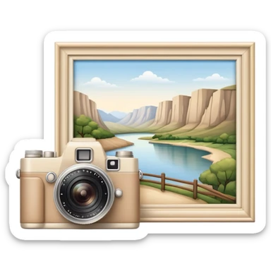 A beige camera and next to it a landscape photograph of the frame behind the camera sticker
