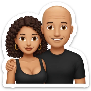 A picture of a happy tanned couple. the man is a Mexican man with tanned skin, a bald hair cut, short beard and wearing a black shirt. the woman is mixed, with long curly dark brown hair and with big boobs  sticker