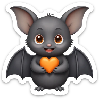 A cute little emoji featuring an adorable bat with big round eyes and a soft smile. The bat is holding an orange heart between its small folded wings. Its fur is dark gray or black with slightly pointy, expressive ears. The image should be cute and simple, with a clean, emoji-like style. sticker