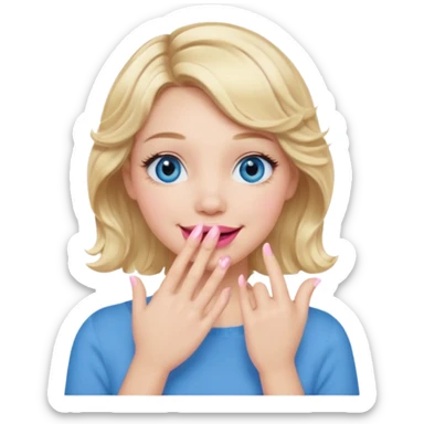 Girl Blonde short wavy hair,  blue eyes, cute blue top, long lashes, pink lips, smiling, hand covering the mouth sticker
