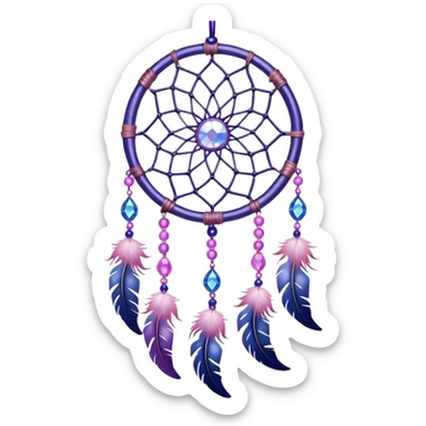 Iridescent shiny transparent pastel purple-pink-indigo-violet crescent Dreamcatcher-suncatcher hanging from a thread, with gemstones, and beads sticker