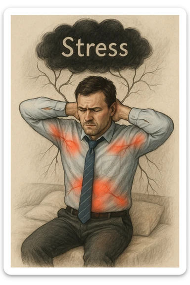 Uomo tra i 30 e i 40 anni in abiti da ufficio, seduto su una sedia o sul letto, con mani sul collo o sulla testa, visibilmente stressato. Attorno al corpo si vedono aree evidenziate di dolore (spalle, stomaco, schiena) rappresentate da leggere sfumature rosse o pulsanti. Sopra la sua testa, una nuvola scura con la parola 'Stress' scritta dentro, collegata al corpo con fili o nervi tesi. L'espressione dell’uomo è di frustrazione ma anche convinzione: crede che sia solo lo stress. Stile realistico con accenti simbolici psicofisici sticker