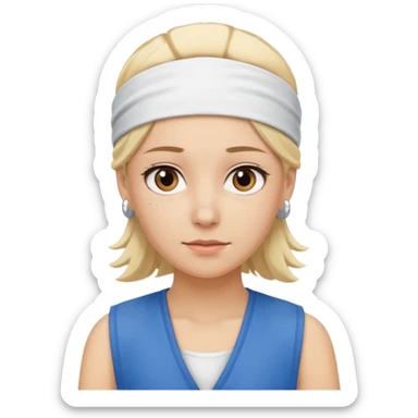 A 3D avatar of a blonde woman, who has brown eyes, is wearing a blue vest and a white headband on her head. She is looking straight at the camera. sticker
