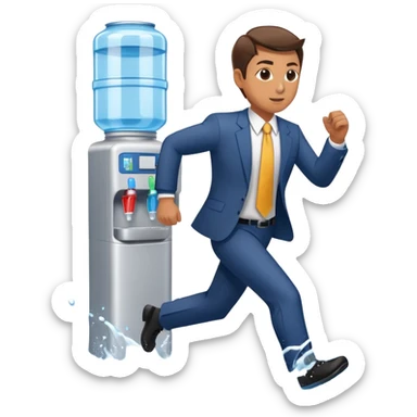 Company director running a marathon in a business suit next to a water cooler sticker