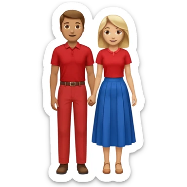 Two people dancing. Man in red shirt and  red pants with brown hair. Women in blue shirt and long skirt with blond hair. Having fun. sticker