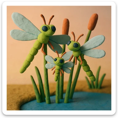 claymation style dragonfly family resting on reeds by a pond, parents and baby dragonflies, pastel background sticker