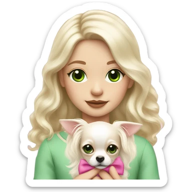 pale blond girl with wavy long platinum hair with green eyes holding a white chihuahua puppy that wearing a pink bow sticker