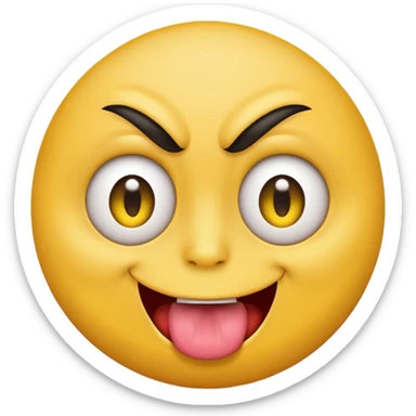 A yellow round face emoji smirking with its tounge out but the eyes are evil and kind of crazy and only one eyebrow is raised higher than the other sticker