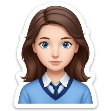 Realistic Student Portrait, with porcelain-like skin featuring a natural rosy flush, iHer Brunette Half-Up Style for Straight  hair flows in soft, Her deep blue eyes radiate warmth and innocence,  wear light blue preppy style. sticker