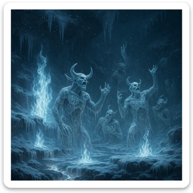 a dramatic scene of hell freezing over, with icy flames, frozen demons, and snow-covered lava, highly detailed, atmospheric sticker