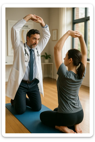 A realistic, cinematic illustration of a professional doctor in a white coat inside a bright, modern medical office, demonstrating a simple stretching exercise to a patient for improving posture. The doctor, calm and encouraging, shows a gentle spinal extension stretch while explaining its benefits for posture and spinal health, with an anatomical poster of the spine and posture alignment in the background. The scene includes a yoga mat, clean wooden floors, and natural light streaming through large windows, creating a warm, health-focused atmosphere. The patient, in comfortable activewear, watches and mirrors the stretch, emphasizing the preventive and therapeutic role of stretching for posture correction under medical guidanc sticker