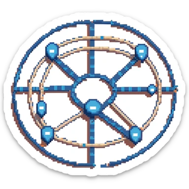 network in a circular form with blue boxes at intersection points sticker