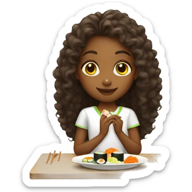 An ethiopian girl with long curly hair eating sushi sticker