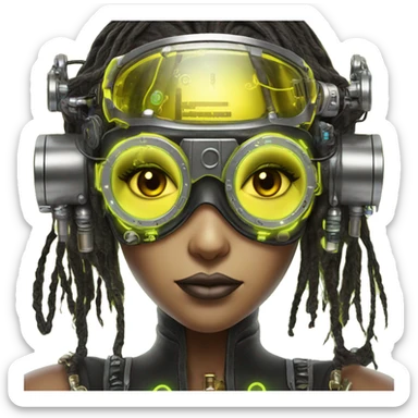 Neon yellow bobbed hair Latina female cyborg head with silver steampunk goggles and circuits sticker