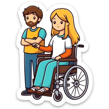 Single Brown haired Boy in wheelchair with a beard with single long blonde haired mom  sticker