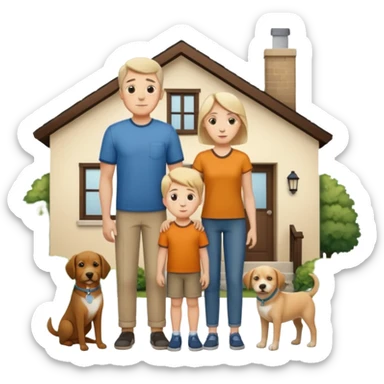 1 Father 1 Mother and 1 young boy who is half as tall as the parents, standing in front of their house with a dog next to them sticker