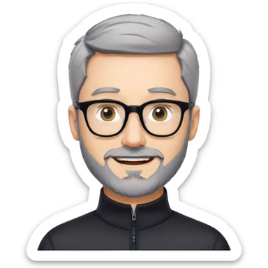 Caucasian man with very short cropped black hair, short beard with noticeable gray hairs, large black eyeglasses, cheerful expression, black athletic long sleeve shirt with quarter zip collar sticker