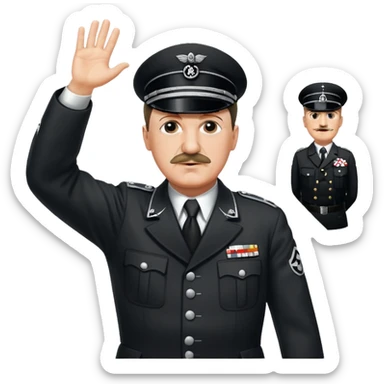 Adolf Hitler with a small mustache raising one hand straight out like a Sieg Hail salute in Black SS uniform. The arm must be straight out with no bend in the elbow sticker