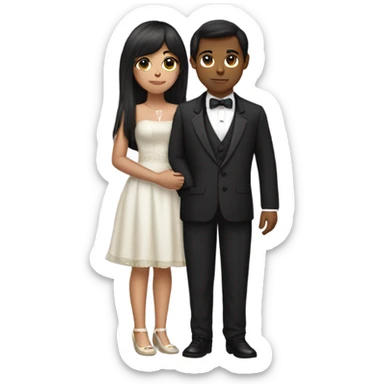 Dark brown haired girl with olive skin with straight across bangs and long hair holding a tuxedo cat sticker