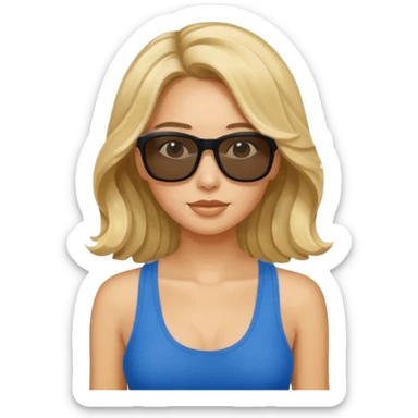 an olive tan woman with long, wavy blonde hair in a blue tank top wearing skinny black rectangular sunglasses sticker